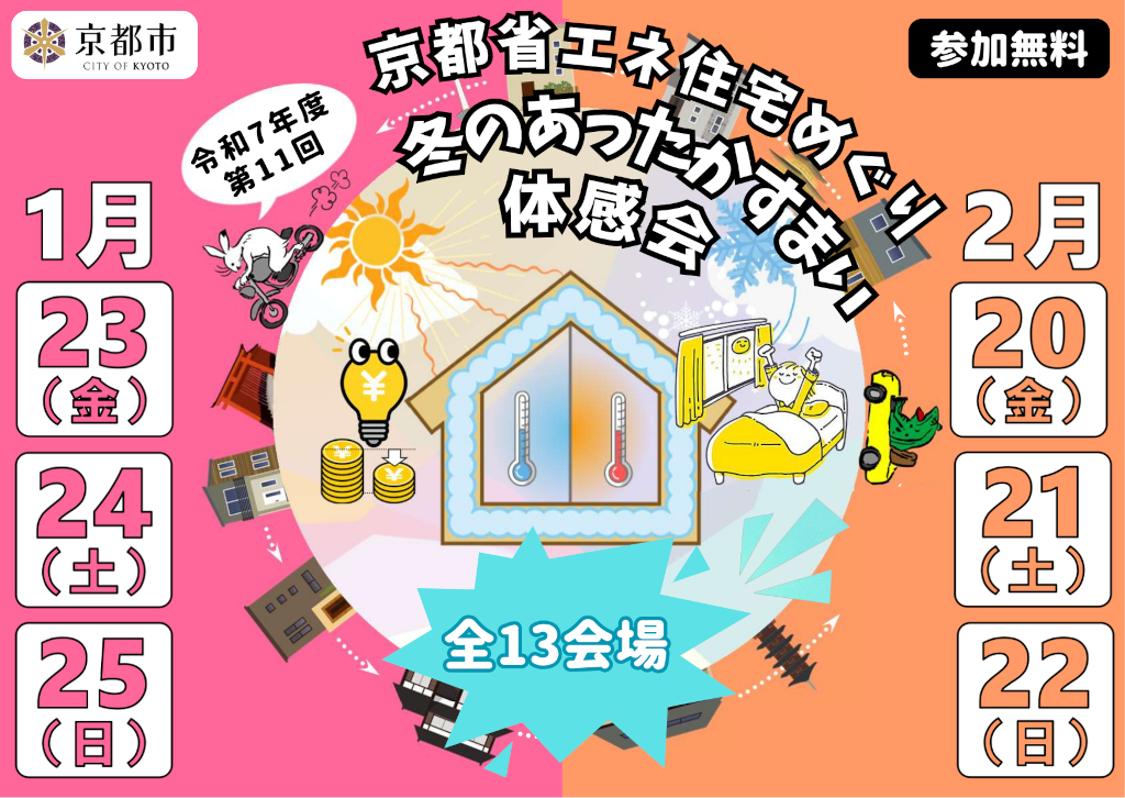 令和7年 第11回 京都省エネ住宅めぐり ～冬のあったかすまい体感会～ 京都市 1月23日(金)、1月24日(土)、 1月25日(日)、2月20日(金)、2月21日(土)、2月22日(日) 参加無料